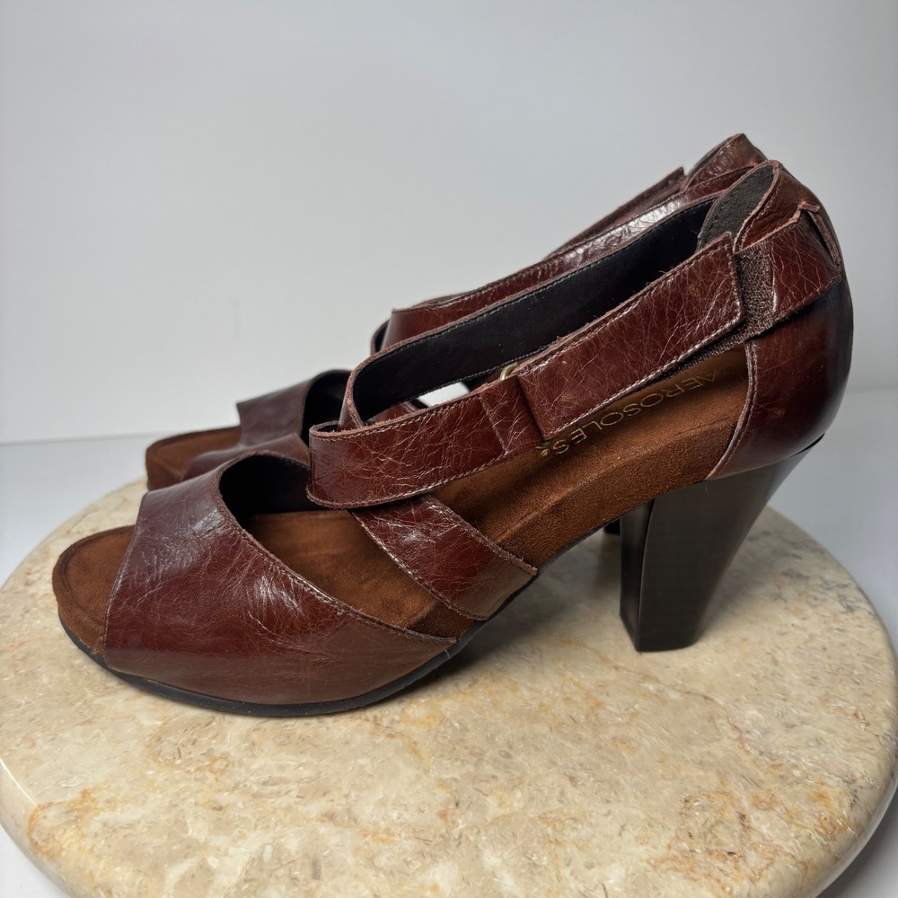 Aerosoles Cartwheel Sandals 8M Brown Leather Strappy Peep Toe Cone Heel Shoes